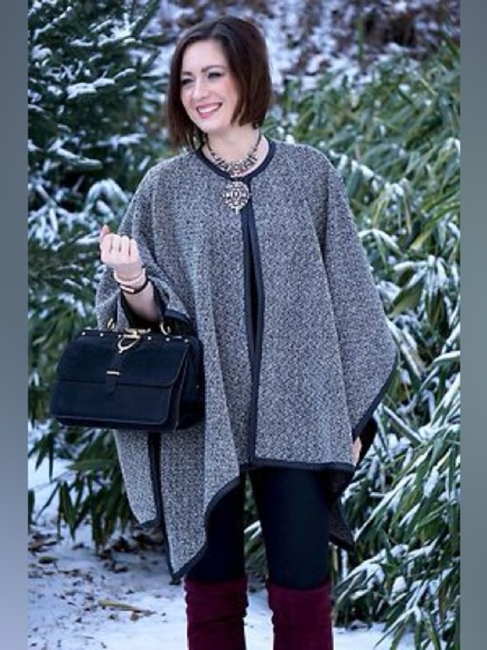 Ralph Lauren Black & Ivory Tweed Wool blend Cape Lamb Leather Trim Size S/M